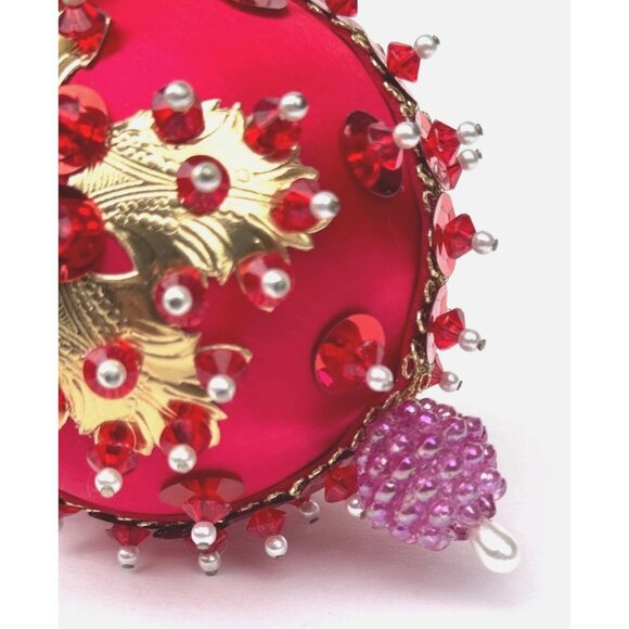 Vintage Red Satin Beaded Push Pin Christmas Ornament Handmade 2 Mid Century - Picture 6 of 12